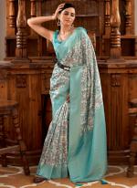 Soft Nylon Sky Blue Party Wear Printed Saree